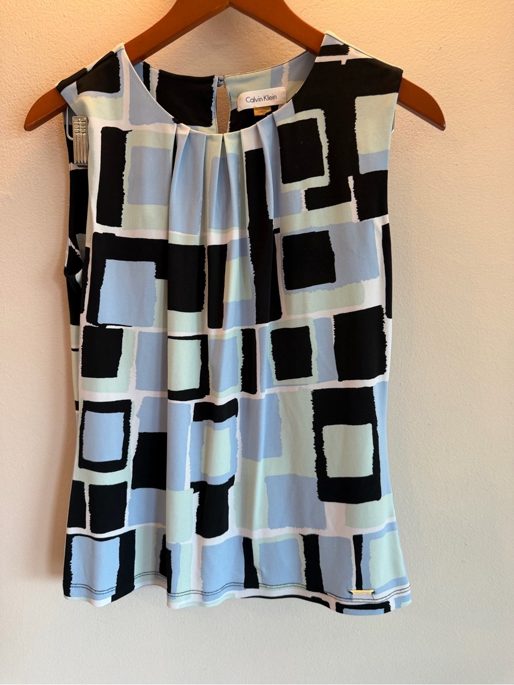Calvin Klein Blue Green Geometric Block Print Blouse S - Picture 1 of 3